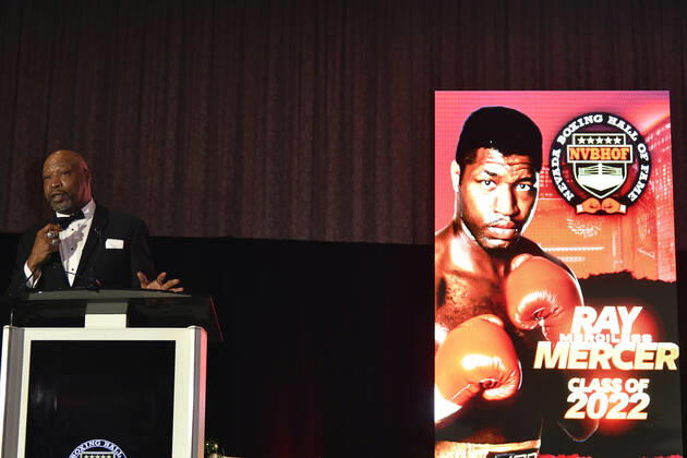 LAS VEGAS, NV - AUGUST 27: Ray Mercer speaking at the Induction Ceremony & Dinner for the 2022 Nevada Boxing Hall Of Fame at Resorts World Las Vegas in Las Vegas,Nevada, on August 27, 2022. Copyright: xDeeCeexCarterx