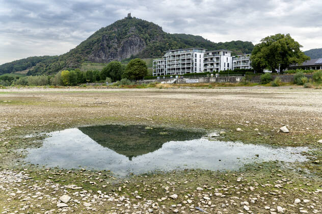 DEU , DEUTSCHLAND : Der ausgetrocknete Rhein bei Rhoendorf ( Rhöndorf ) Siebengebirge , im Hintergrund ist der Drachenfels , 17.08.2022 DEU , GERMANY : The dry river bed of Rhine river near Rhoendorf , in the background Drachenfels mountain ( Dragon Rock ) can be seen , 17.08.2022