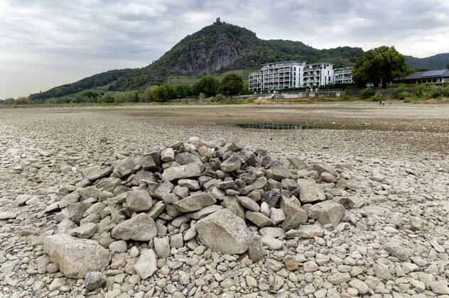 DEU , DEUTSCHLAND : Der ausgetrocknete Rhein bei Rhoendorf ( Rhöndorf ) Siebengebirge , im Hintergrund ist der Drachenfels , 17.08.2022 DEU , GERMANY : The dry river bed of Rhine river near Rhoendorf , in the background Drachenfels mountain ( Dragon Rock ) can be seen , 17.08.2022
