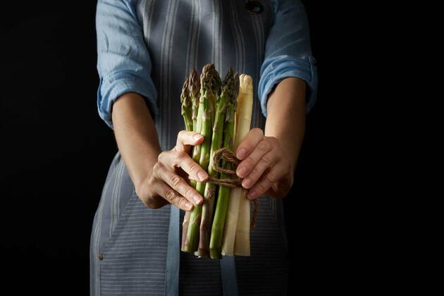  IMAGO Creative: Food, Spargel Faceless cook with raw asparagus, Crop anonymous female holding fresh heap of fresh uncooked raw and white asparagus while standing against black background in studio, Crop anonymous female holding fresh heap of fresh uncooked raw and white asparagus while standing against black background in studio, 30.06.2022, Copyright: xfoodandmorex Panthermedia31578598.jpg