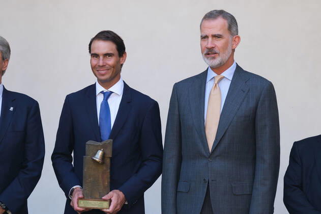 September 20, 2022, Madrid, Spain: Tennis player Rafael Nadal and King Felipe VI of Spain seen during the delivery of the Camino Real Award on its fifth edition, at the auditorium of the University of Alcala, in Alcala de Henares, Madrid. The Camino Real award has been granted by the Franklin Institute of the University of Alcala, which recognizes the professional work of Spaniards who in an outstanding and exemplary way project and enhance the positive image of Spain in the United States. The projection of the image of Spain in North America by the tennis player, means his triumph in the US Open (2019), as well as in previous editions of 2010, 2013, 2017 and in other tournaments played in North America. Madrid Spain - ZUMAs197 20220920_zaa_s197_128 Copyright: xAtilanoxGarciax