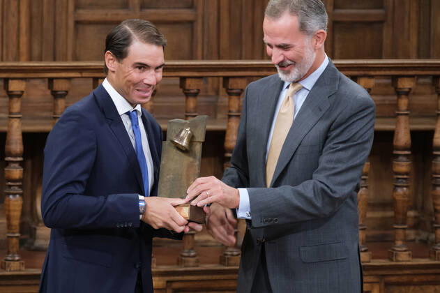 September 20, 2022, Madrid, Spain: Tennis player Rafael Nadal and King Felipe VI of Spain seen during the delivery of the Camino Real Award on its fifth edition, at the auditorium of the University of Alcala, in Alcala de Henares, Madrid. The Camino Real award has been granted by the Franklin Institute of the University of Alcala, which recognizes the professional work of Spaniards who in an outstanding and exemplary way project and enhance the positive image of Spain in the United States. The projection of the image of Spain in North America by the tennis player, means his triumph in the US Open (2019), as well as in previous editions of 2010, 2013, 2017 and in other tournaments played in North America. Madrid Spain - ZUMAs197 20220920_zaa_s197_109 Copyright: xAtilanoxGarciax