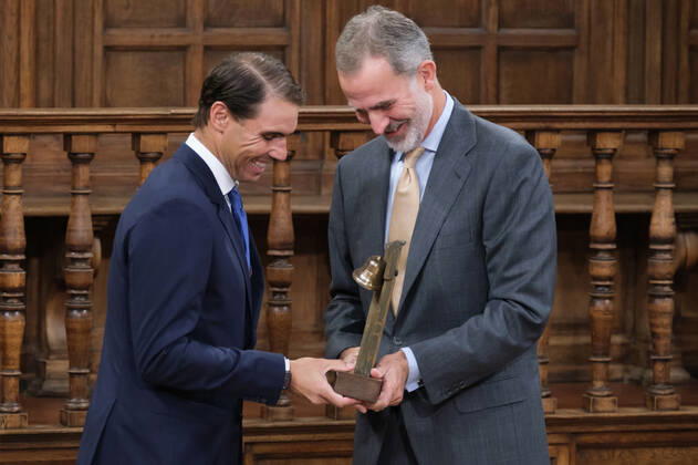 September 20, 2022, Madrid, Spain: Tennis player Rafael Nadal and King Felipe VI of Spain seen during the delivery of the Camino Real Award on its fifth edition, at the auditorium of the University of Alcala, in Alcala de Henares, Madrid. The Camino Real award has been granted by the Franklin Institute of the University of Alcala, which recognizes the professional work of Spaniards who in an outstanding and exemplary way project and enhance the positive image of Spain in the United States. The projection of the image of Spain in North America by the tennis player, means his triumph in the US Open (2019), as well as in previous editions of 2010, 2013, 2017 and in other tournaments played in North America. Madrid Spain - ZUMAs197 20220920_zaa_s197_108 Copyright: xAtilanoxGarciax