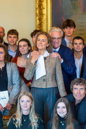 Prince Laurent and Princess Claire of Belgium are seen posing with laureats at the award ceremony of the Prix Terre d Avenir Prijs Focus Aarde science awards, in Brussels, Wednesday 05 October 2022. The award is an initiative of the Queen Paola Foundation in collaboration with the Dirk Frimout Foundation and rewards the best integrated tests and cross-curricular group projects (Extraordinary secondary education and Center for part-time education) about the earth, space or the relationship between people and soil.  JONASxROOSENS 46344008