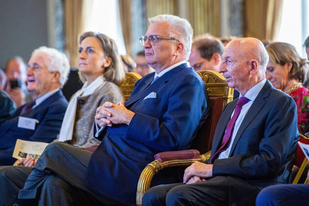 Princess Claire of Belgium, Prince Laurent of Belgium and Belgian astronaut Dirk Frimout pictured during the award ceremony of the Prix Terre d Avenir Prijs Focus Aarde science awards, in Brussels, Wednesday 05 October 2022. The award is an initiative of the Queen Paola Foundation in collaboration with the Dirk Frimout Foundation and rewards the best integrated tests and cross-curricular group projects (Extraordinary secondary education and Center for part-time education) about the earth, space or the relationship between people and soil.  JONASxROOSENS 46344043