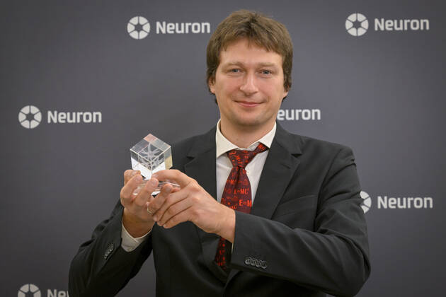 Martin Setvin, from Charles University s Faculty of Mathematics and Physics, inquires into why some materials generate photo voltage and how this energy can be used. His improvement of microscopy methods enabled to create unprecedented snaps with atomic definition on dielectric materials. Martin Setvin receives Neuron Endowment Fund s prize during the ceremony in Prague s National Museum, Prague, Czech Republic, October 16, 2022. (CTKxPhoto VitxSimanek) CTKPhotoP2022101607156  VIS 009