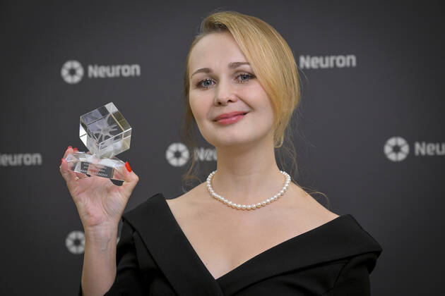 Mariya Samzhy, deals with one of the crucial challenges of material science, which is the understanding of how heterogenous catalysers facilitate chemical reactions on the level of atoms. Samzhy mainly focuses on the synthesis of new types of zeolites, which may be a contribution to chemical engineering, among others. Samzhy works at Charles University s Faculty of Science. Samzhy receives Neuron Endowment Fund s prize during the ceremony in Prague s National Museum, Prague, Czech Republic, October 16, 2022. (CTKxPhoto VitxSimanek) CTKPhotoP2022101607208  VIS 012