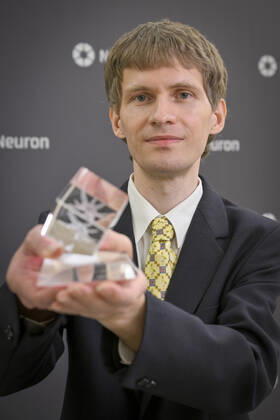 Jan Kyncl, a mathematician, from Charles University s Faculty of Mathematics and Physics, a leading expert in combinatorics and discrete geometry receives Neuron Endowment Fund s prize during the ceremony in Prague s National Museum, Prague, Czech Republic, October 16, 2022. (CTKxPhoto VitxSimanek) CTKPhotoP2022101607235  VIS 015