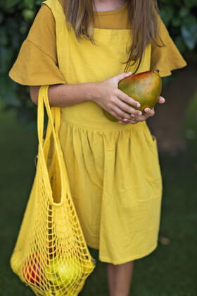 Girl standing with mesh bag and fresh mango model released, Symbolfoto, MEGF00133