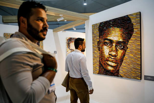 November 7, 2022, Sharm El Sheijk, South Sinai, Egypt: Participants watch an exhibition of Deniz Sagdic in Turkish Pavilion on the second day of the COP27 UN Climate Change Conference, held by UNFCCC in Sharm El-Sheikh International Convention Center. COP27, running from November 6 to November 18 in Sharm El Sheikh focuses on implementation of measures already agreed during previous COPs. The Conference in Sharm El Sheikh focuses also on the most vulnerable communities as the climate crisis hardens life conditions of those already most disadvantaged. Sharm El Sheijk Egypt - ZUMAs197 20221107_zaa_s197_051 Copyright: xDominikaxZarzyckax