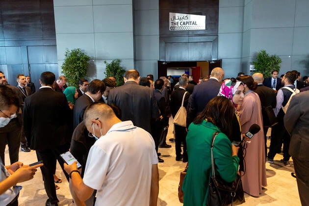 November 7, 2022, Sharm El Sheijk, South Sinai, Egypt: Participants wait in the foyer to enter the plenary hall where the high level climate summit opens on the second day of the COP27 UN Climate Change Conference, held by UNFCCC in Sharm El-Sheikh International Convention Center. COP27, running from November 6 to November 18 in Sharm El Sheikh focuses on implementation of measures already agreed during previous COPs. The Conference in Sharm El Sheikh focuses also on the most vulnerable communities as the climate crisis hardens life conditions of those already most disadvantaged. Sharm El Sheijk Egypt - ZUMAs197 20221107_zaa_s197_062 Copyright: xDominikaxZarzyckax