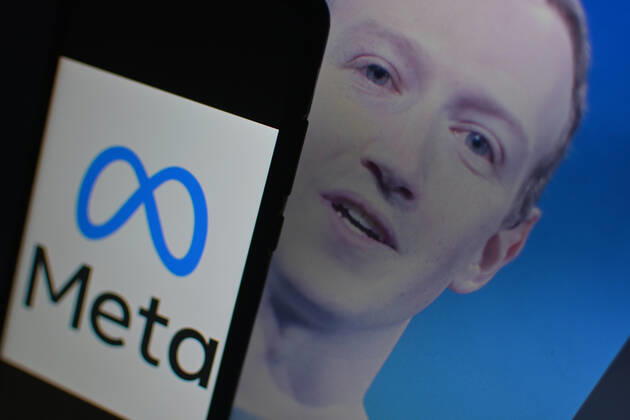 November 8, 2022, Clermont Ferrand, Auvergne Rhone Alpes, France: Mark Zuckerberg, CEO of the group, with the logo. Meta (Facebook, Instagram...) plans to lay off thousands of people starting this week, according to information published by the Wall Street Journal on Sunday, November 6, as several technology companies have just laid off part of their workforce in response to the economic crisis. It could be the most important social plan in the sector after the pandemic - Clermont-Ferrand, November 8, 2022. Clermont Ferrand France - ZUMAf173 20221108_zip_f173_006 Copyright: xAdrienxFillonx