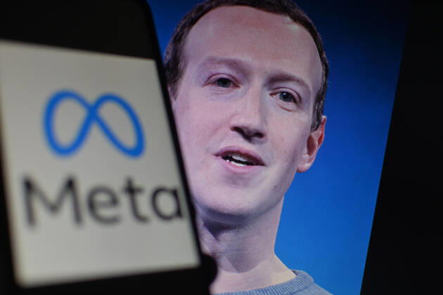 November 8, 2022, Clermont Ferrand, Auvergne Rhone Alpes, France: Mark Zuckerberg, CEO of the group, with the logo. Meta (Facebook, Instagram...) plans to lay off thousands of people starting this week, according to information published by the Wall Street Journal on Sunday, November 6, as several technology companies have just laid off part of their workforce in response to the economic crisis. It could be the most important social plan in the sector after the pandemic - Clermont-Ferrand, November 8, 2022. Clermont Ferrand France - ZUMAf173 20221108_zip_f173_003 Copyright: xAdrienxFillonx