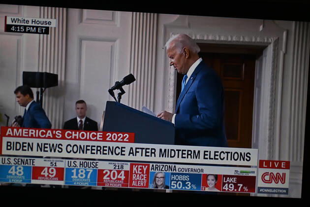 November 9, 2022, Clermont Ferrand, Auvergne Rhone Alpes, France: President Joe Biden speaks on midterm elections results. Live broadcast on CNN TV channel. Clermont-Ferrand, November 9, 2022. Clermont Ferrand France - ZUMAf173 20221109_zip_f173_011 Copyright: xAdrienxFillonx