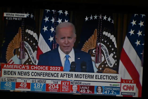 November 9, 2022, Clermont Ferrand, Auvergne Rhone Alpes, France: President Joe Biden speaks on midterm elections results. Live broadcast on CNN TV channel. Clermont-Ferrand, November 9, 2022. Clermont Ferrand France - ZUMAf173 20221109_zip_f173_014 Copyright: xAdrienxFillonx