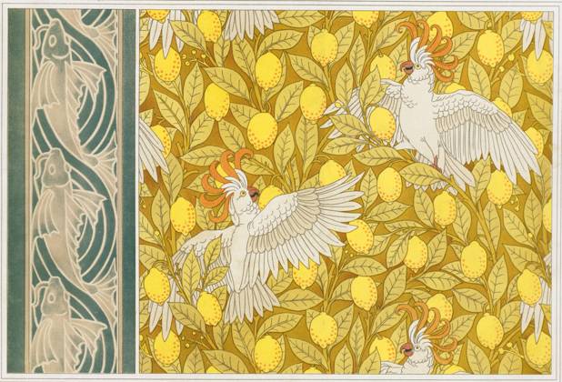 RECORD DATE NOT STATED Design for Wallpaper Cockatoos with Lemons and Wallpaper Border with Flying Fish Copyright:xuccello,cacatua,cacatua,stilexliberty,limone,limoni,agrumi,cartaxdaxparati,HistoricaxGraphicaxCollection,Colourxlithograph,Illustration,animalsxinxdecoration,l animalxdansxlaxdecoration,mauricexpillardxverneuil,MauricexPillardxVerneuilx(1869?1942),Bordure,wallpaperxborderx IMAGO ,2701096 ! ACHTUNG: AUFNAHMEDATUM GESCHÄTZT!  Copyright:uccello,cacatua,cacatua,stilexliberty,limone,limoni,agrumi,cartaxdaxparati,HistoricaxGraphicaxCollection,Colourxlithograph,Illustration,animalsxinxdecoration,l animalxdansxlaxdecoration,maur