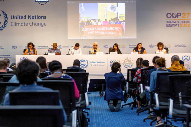 November 11, 2022, Sharm El Sheijk, South Sinai, Egypt: Participants meet on a discussion panel on the fifth day of the COP27 UN Climate Change Conference, held by UNFCCC in Sharm El-Sheikh International Convention Center. COP27 is running from November 6 to November 18 in Sharm El Sheikh and focuses on the implementation of measures already agreed on during the previous COPs. The Conference also focuses on the most vulnerable communities as the climate crisis hardens life conditions of those already most disadvantaged. Sharm El Sheijk Egypt - ZUMAs197 20221111_zaa_s197_228 Copyright: xDominikaxZarzyckax