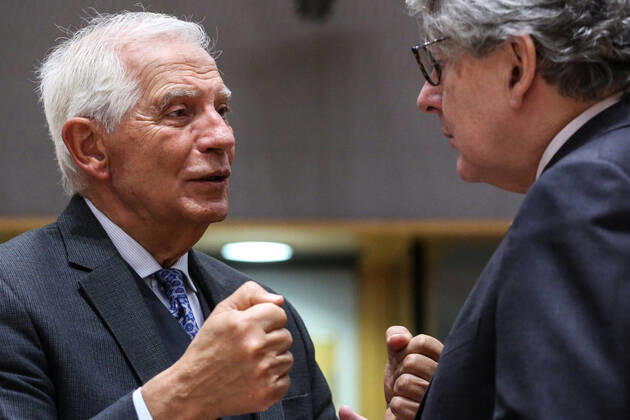 November 15, 2022, Brussels, Brussels Capital Region, Belgium: High Representative of the European Union for Foreign Affairs and Security Policy Josep Borrell (L) and European Commissioner for Internal Market Thierry Breton during an European Foreign Affairs Council (Defence) at the European Council headquarters in Brussels, Belgium, 15 November 2022. Brussels Belgium - ZUMAm177 20221115_zip_m177_024 Copyright: xValeriaxMongellix