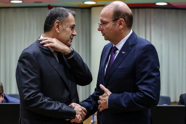 November 15, 2022, Brussels, Brussels Capital Region, Belgium: Greek Defense Minister Nikolaos Panagiotopoulos (L) and Cyprus Defense Minister Charalambos Petrides during an European Foreign Affairs Council (Defence) at the European Council headquarters in Brussels, Belgium, 15 November 2022. Brussels Belgium - ZUMAm177 20221115_zip_m177_002 Copyright: xValeriaxMongellix