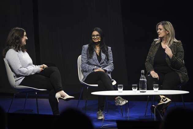 Kia Kokalitcheva (L) from Axios discusses with OnlyFans CEO Amrapali Gan and Chief Strategy and Operations Officer Keily Blair on stage at the Slush 2022 Startup Event in Helsinki, Finland on November 17, 2022. Helsinki Finland  Copyright: xEmmixKorhonenx LKKTF20221117162553QPGC