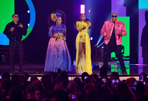 (L-R) Randy Malcom Martínez of Gente de Zona, Aymée Nuviola, Goyo, and Alexander Delgado Hernández of Gente de Zona Perform onstage during the 23rd annual Latin Grammy Awards at the Michelob Ultra Arena at Mandalay Bay Resort and Casino in Las Vegas, Nevada on Thursday, November 17, 2022.  LAV20221117624 JIMxRUYMEN