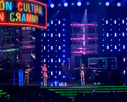Nicky Jam (C) and participants of the Cultural Foundation perform onstage during the 23rd annual Latin Grammy Awards at the Michelob Ultra Arena at Mandalay Bay Resort and Casino in Las Vegas, Nevada on Thursday, November 17, 2022.  LAV20221117636 JIMxRUYMEN