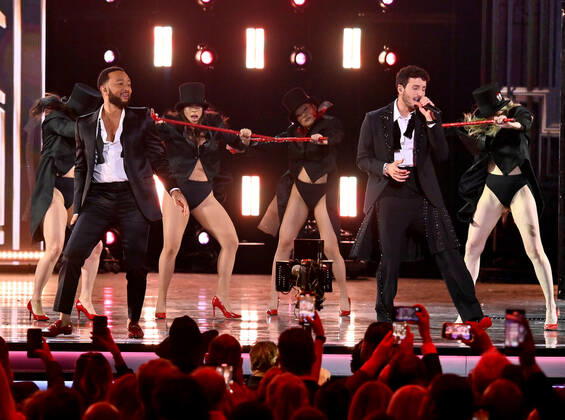 John Legend and Sebastián Yatra perform onstage during the 23rd annual Latin Grammy Awards at the Michelob Ultra Arena at Mandalay Bay Resort and Casino in Las Vegas, Nevada on Thursday, November 17, 2022.  LAV20221117683 JIMxRUYMEN