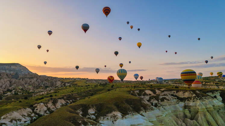 Turkey balloons Cappadocia Goreme Kapadokya , Sunrise in the mountains of Capadocia Sunrise with hot air balloons in Cappadocia, Turkey balloons in Cappadocia Goreme Kapadokya, and Sunrise in the mountains of Cappadocia. Copyright: xZoonar.com FokkexBaarssenx 19156503