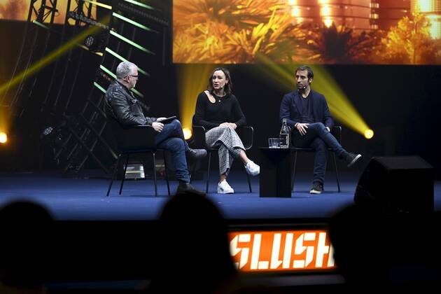 Editor-at-large of TechCrunch, Mike Butcher (left), Olympic gold medallist, Dame Jessica Ennis-Hill, founder and Co-CEO of Jennis (middle) and former Arsenal footballer, co-founder and CEO of GFBiochemicals Mathieu Flamini at the Slush 2022 Startup Event in Helsinki, Finland on November 18, 2022. Helsinki Finland  Copyright: xEmmixKorhonenx LKFTJK20221118112011URBJ