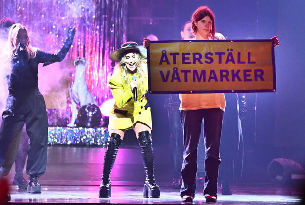 STOCKHOLM 20221125 A protest action Restore the wetlands when Miss Li performs as a guest artist during Friday nights final of Idol in Tele2 Arena Stockholm Sweden x10090x,  Copyright: xClaudioxBresciani TTx IDOL 2022 FINAL