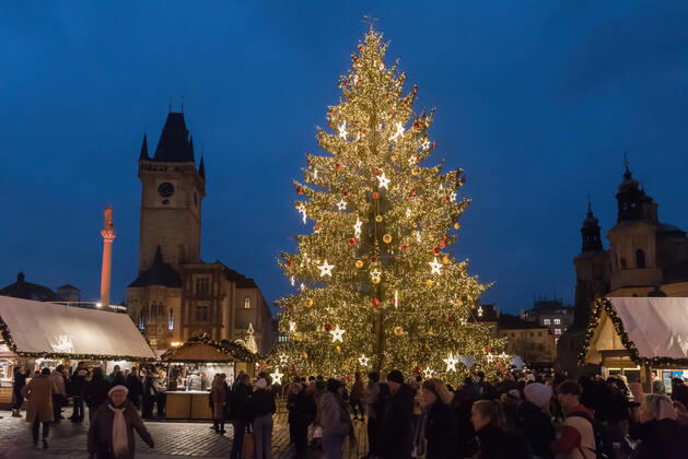 November 28, 2022, Prague, Czech Republic: Illuminated Christmas tree as seen on the traditional Christmas market at Old town Square in Prague. Prague Czech Republic - ZUMAs197 20221128_zaa_s197_278 Copyright: xTomasxTkacikx