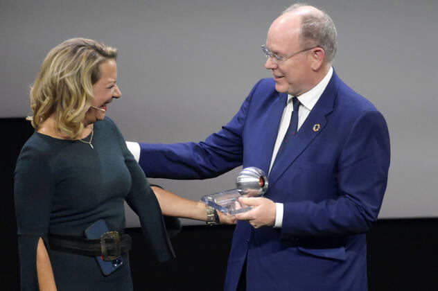 Antje Boetius und Fürst Albert II. von Monaco bei der Verleihung des 15. Deutschen Nachhaltigkeitspreises 2022 im Maritim Hotel. Düsseldorf, 02.12.2022