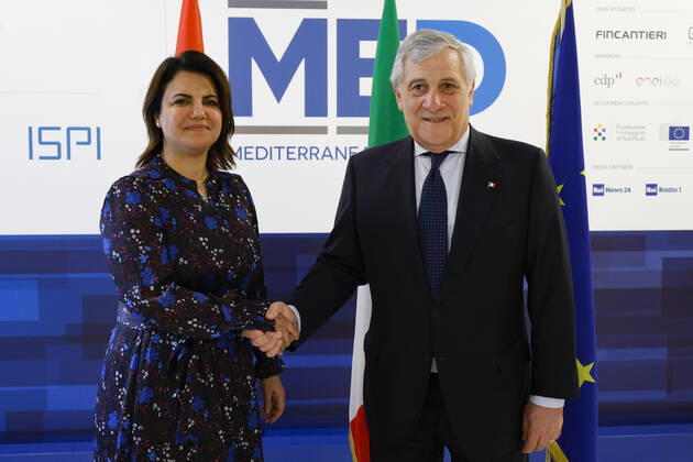 News Bilder des Tages December 3, 2022, ROME, ITALY: Italian Foreign Minister and Deputy Prime Minister Antonio Tajani and Libyan Foreign Minister Najla El Mangoush during a bilateral meeting at Rome Med 2022, Mediterranean Dialogues conference in Rome, Italy, 03 December 2022..ANSA FABIO FRUSTACI ROME ITALY - ZUMAa110 20221203_zaf_a110_036 Copyright: xFabioxFrustacix