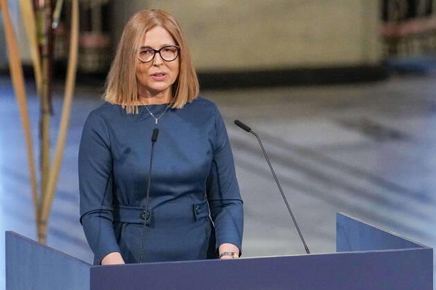 Oslo 20221210 Natallia Pintsjuk, who represents her husband, the activist Ales Byaljatski from Belarus, delivers her Nobel lecture during the awarding of the Nobel Peace Prize for 2022 in an Oslo townhouse on Saturday Oslo Norway xx,  Copyright: xRodrigoxFreitasx Q1w8mKoC4Ac