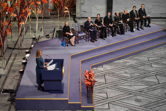 Oslo 20221210 Natallia Pintsjuk, who represents her husband, the activist Ales Byaljatski from Belarus, delivers her Nobel lecture during the awarding of the Nobel Peace Prize for 2022 in an Oslo townhouse on Saturday Oslo Norway xx,  Copyright: xRodrigoxFreitasx yiKHeAu6ldk