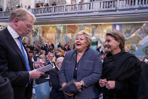 Oslo 20221210 Sindre Finnes, Erna Solberg and Ingjerd Schou in Radhuset in Oslo before the awarding of the Nobel Peace Prize for 2022 Oslo Norway xx,  Copyright: xJavadxParsax 5U5R3PR53ps