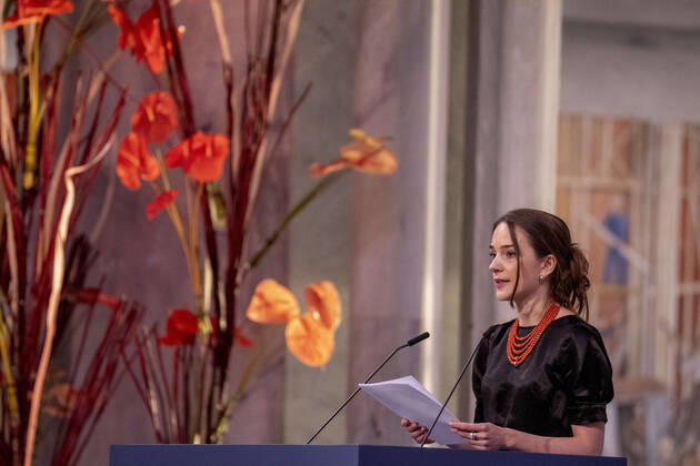Oslo 20221210 Oleksandra Matviytsyuk, who represents the Ukrainian organization Center for Civil Liberties CCL, gives her Nobel lecture during the awarding of the Nobel Peace Prize for 2022 in an Oslo townhouse on Saturday POOL Oslo Norway xx,  Copyright: xJavadxParsax qYCcteXQuTY