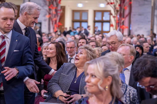 Oslo 20221210 Jonas Gahr Støre and Erna Solberg in Radhuset in Oslo before the awarding of the Nobel Peace Prize for 2022 POOL Oslo Norway xx,  Copyright: xJavadxParsax SqqSpODd5Sg