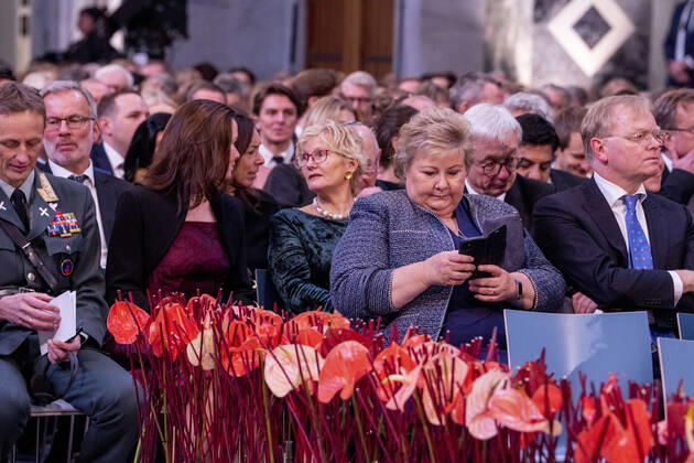 Oslo 20221210 Sindre Finnes, Erna Solberg and Ingjerd Schou in Radhuset in Oslo before the awarding of the Nobel Peace Prize for 2022 POOL Oslo Norway xx,  Copyright: xJavadxParsax aR0N787cBfI