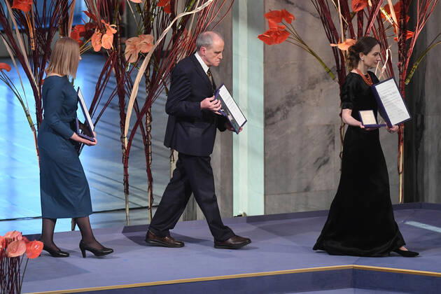 Belarusian Natallia Pinchuki (wife of 2022 Nobel Peace Prize winner - jailed Belarusian activist Ales Bialiatski), Russian Yan Rachinsky (chairman of the international Memorial Board), and Ukrainian Oleksandra Matviichuk (head of the Ukrainian Center for Civil Liberties) attend the 2022 Nobel Peace Prize award ceremony at the City Hall in Oslo, Norway on December 10, 2022.  LON20221210206 PAULxTREADWAY