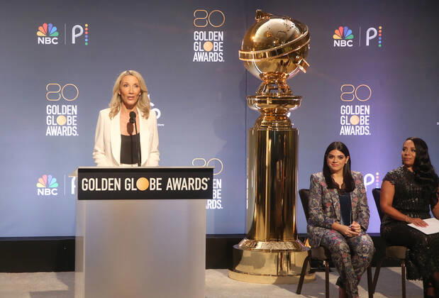 BEVERLY HILLS, CA - DECEMBER 12: Helen Hoehne, Mayan Lopez, Selenis Leyva, at the 80th Annual Golden Globe Awards Nominations at The Beverly Hiltons in Beverly Hills, California on December 12, 2022. Copyright: xFayexSadou MediaPunchx