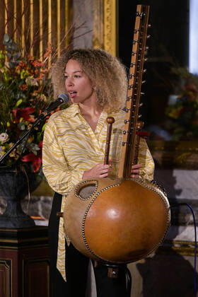 Belgian singer Lubiana pictured during the award ceremony of the 2022 edition of the Belgodyssee prize for young journalists, at the Royal Palace in Brussels, Tuesday 13 December 2022. The contest is an initiative of the Prince Philippe Fund, the VRT and the RTBF, in collaboration with Metro and L Avenir, and with the support of the Chancellery of the Prime Minister and Brussels Airlines.  LAURIExDIEFFEMBACQ 55997370