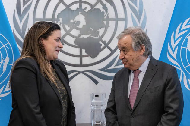 PALCUS Humanitarian Leadership Award to the Secretary-General Antonio Guterres Secretary-General Antonio Guterres received Portuguese American Leadership Council of the United States (PALCUS) Humanitarian Leadership Award presented by PALCUS Chair Katherine Soares (L) at UN Headquarters. Award is a chrystal vase made by famous Portuguese porcelain and glassware company Vista Alegre. New York New York United States Copyright: LevxRadin