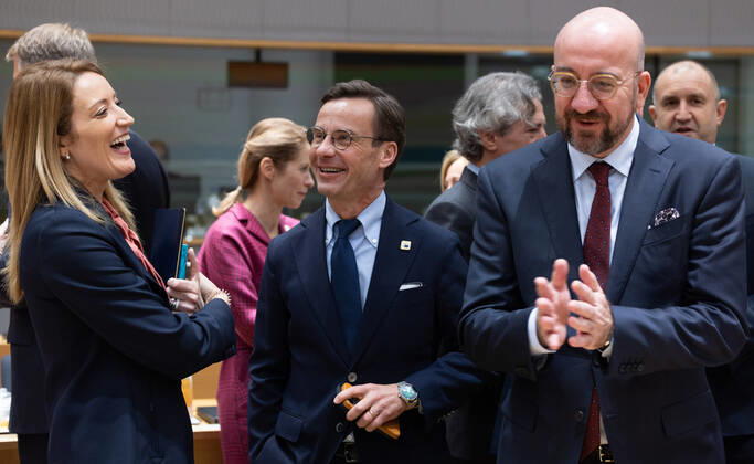 European Parliament chairwoman Roberta Metsola, Sweden Prime Minister Ulf Kristersson and European Council President Charles Michel pictured during the European council summit, in Brussels, Thursday 15 December 2022. BENOITxDOPPAGNE 56274829