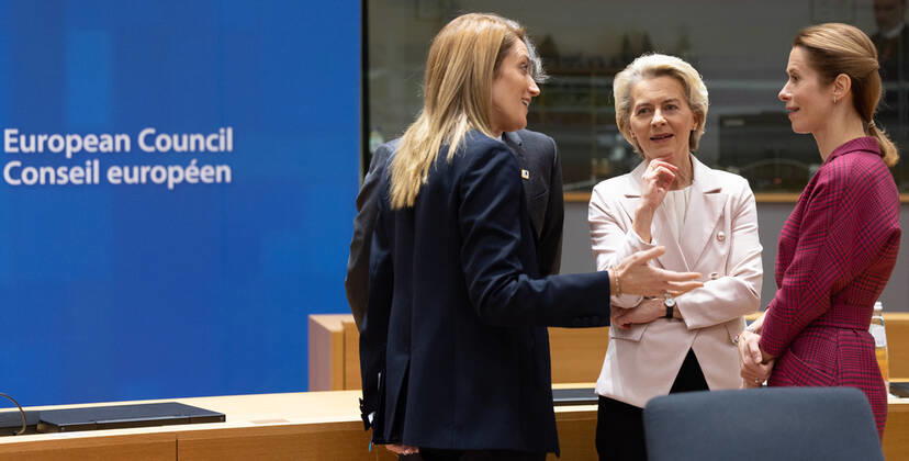 European Parliament chairwoman Roberta Metsola, European Commission President Ursula Von der Leyen and Estonian Prime Minister Kaja Kallas pictured during the European council summit, in Brussels, Thursday 15 December 2022. BENOITxDOPPAGNE 56274855
