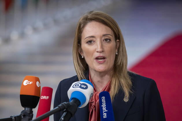 European Parliament chairwoman Roberta Metsola pictured at the arrivals ahead of the European council summit, in Brussels, Thursday 15 December 2022. NICOLASxMAETERLINCK 56284402