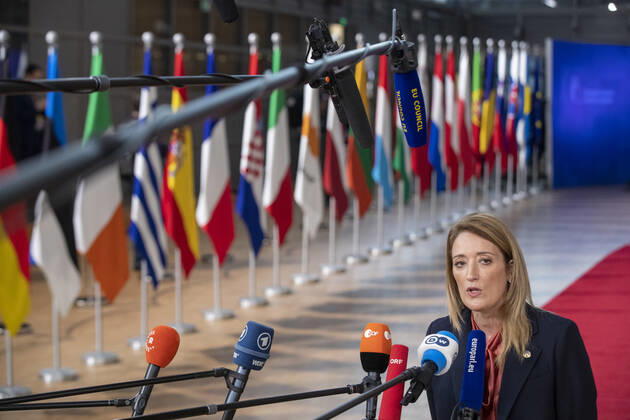 European Parliament chairwoman Roberta Metsola pictured at the arrivals ahead of the European council summit, in Brussels, Thursday 15 December 2022. NICOLASxMAETERLINCK 56284426