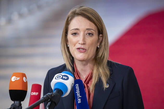 European Parliament chairwoman Roberta Metsola pictured at the arrivals ahead of the European council summit, in Brussels, Thursday 15 December 2022. NICOLASxMAETERLINCK 56284453