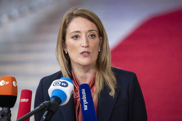 European Parliament chairwoman Roberta Metsola pictured at the arrivals ahead of the European council summit, in Brussels, Thursday 15 December 2022. NICOLASxMAETERLINCK 56284528