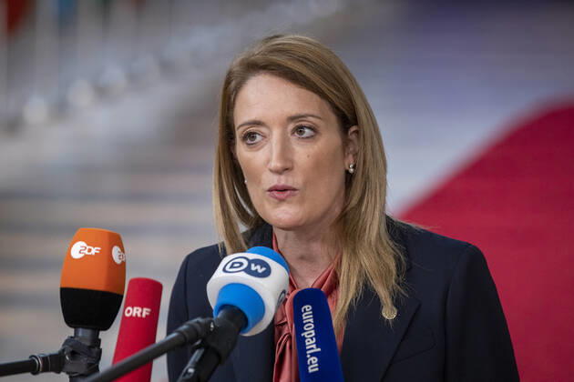 European Parliament chairwoman Roberta Metsola pictured at the arrivals ahead of the European council summit, in Brussels, Thursday 15 December 2022. NICOLASxMAETERLINCK 56284547